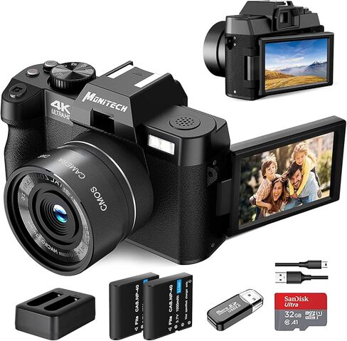 كاميرات رقمية Mo 4K للتصوير الفوتوغرافي، وكاميرا تسجيل فيديو بدقة 48 ميجابكسل للفيديو واليوتيوب مع شاشة قابلة للطي بزاوية 180 درجة، وتكبير رقمي 16X، وبطاقة TF بسعة 32 جيجابايت، وبطاريتين in Kuwait