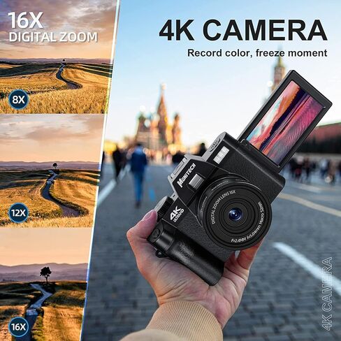 كاميرات رقمية Mo 4K للتصوير الفوتوغرافي، وكاميرا تسجيل فيديو بدقة 48 ميجابكسل للفيديو واليوتيوب مع شاشة قابلة للطي بزاوية 180 درجة، وتكبير رقمي 16X، وبطاقة TF بسعة 32 جيجابايت، وبطاريتين in Kuwait