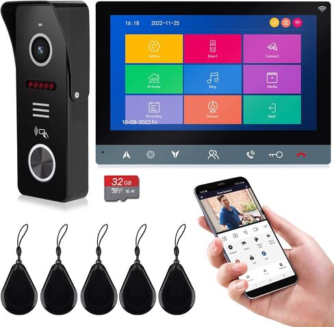 نظام اتصال داخلي فيديو لاسلكي، شاشة WiFi 7 بوصة وبطاقة MicroSD 32 جيجا مع كاميرا باب معدنية AHD 2MP (طاقة سلكية)، تسجيل، صوت ثنائي الاتجاه، جرس باب فيديو مقاوم للطقس، فتح بطاقة Tuya APP/IC in Kuwait