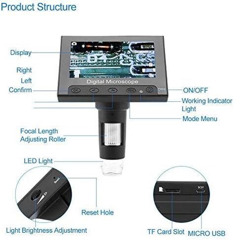 مجهر USB DM4 500/1000X تكبير 720 بكسل دقة الشاشة مجهر رقمي إلكتروني 8 قطع LED أضواء PCB مكبر مع شاشة LCD 4.3 بوصة (حامل سبائك الألومنيوم) in Kuwait