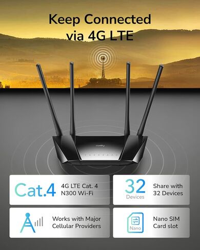 Cudy N300 WiFi غير مقفل 4G LTE مودم راوتر مع فتحة بطاقة SIM، 300 ميجابت في الثانية واي فاي، LTE Cat4، EC25-AFX Qualcomm Chipset، هوائيات 5dBi عالية الكسب، FDD، DDNS، VPN، Cloudflare، التوصيل والتشغيل، LT400 in Saudi Arabia