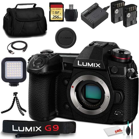 Panasonic Lumix DC-G9 Mirrorless Digital Camera (Body Only) (DC-G9KBODY) - Bundle - with 256GB Memory Card + LED Light + DMW-BLF19 Battery + Soft Bag + 12 Inch Flexible Tripod + Cleaning Set + More in Saudi Arabia