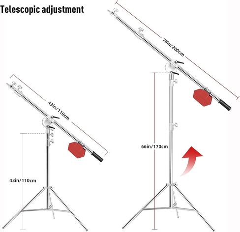 Soonpho Stainless Steel Light Stand with Boom Arm & Hammer, Max.12.2ft/3.7m Heavy Duty Adjustable Tripod with 6.6ft/200cm Boom Arm for Studio Photography Softbox,Reflector,Monolight,Light,Umbrellas in Saudi Arabia