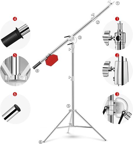 Soonpho Stainless Steel Light Stand with Boom Arm & Hammer, Max.12.2ft/3.7m Heavy Duty Adjustable Tripod with 6.6ft/200cm Boom Arm for Studio Photography Softbox,Reflector,Monolight,Light,Umbrellas in Saudi Arabia