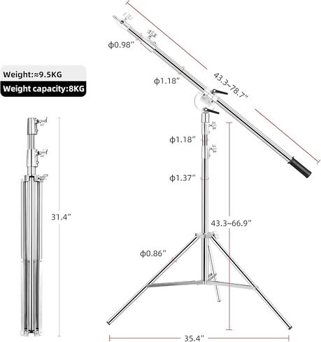 Soonpho Stainless Steel Light Stand with Boom Arm & Hammer, Max.12.2ft/3.7m Heavy Duty Adjustable Tripod with 6.6ft/200cm Boom Arm for Studio Photography Softbox,Reflector,Monolight,Light,Umbrellas in Saudi Arabia