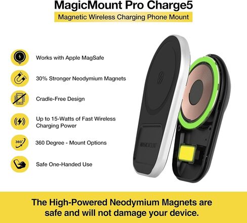 Scosche MPQ5DV-XTSP MagicMount Pro Charge5 15W Wireless Charging MagSafe Car Mount، حامل هاتف مغناطيسي للوحة القيادة / فتحة التهوية المتوافقة مع iPhone 16/15/14/13/12 Pro/Pro Max/Plus، حافظة MagSafe والمزيد in Kuwait