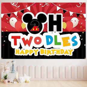 Oh Twodles Backdrop Banner Red and Black Cartoon Happy 2nd Birthday Theme Party Decorations Cheer to Two Years Old Photography Background Supplies for Boys Girls in Saudi Arabia