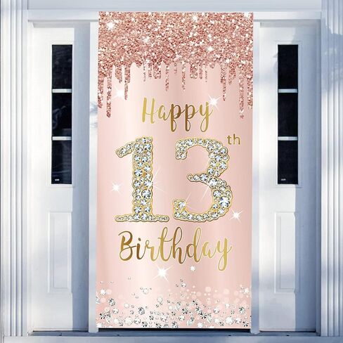 سعيد 13th عيد ميلاد الباب راية خلفية الزينة للفتيات، الوردي ارتفع الذهب 13 عيد ميلاد حزب غطاء الباب علامة الإمدادات، السنة الثالثة عشرة عيد ميلاد ملصق خلفية الصورة كشك الدعائم ديكور in Kuwait