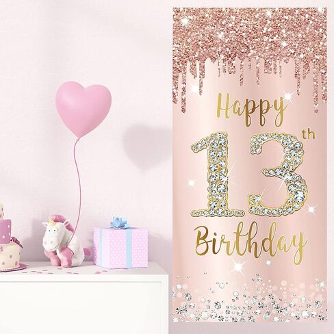 سعيد 13th عيد ميلاد الباب راية خلفية الزينة للفتيات، الوردي ارتفع الذهب 13 عيد ميلاد حزب غطاء الباب علامة الإمدادات، السنة الثالثة عشرة عيد ميلاد ملصق خلفية الصورة كشك الدعائم ديكور in Kuwait