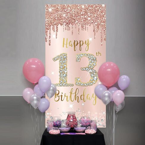 سعيد 13th عيد ميلاد الباب راية خلفية الزينة للفتيات، الوردي ارتفع الذهب 13 عيد ميلاد حزب غطاء الباب علامة الإمدادات، السنة الثالثة عشرة عيد ميلاد ملصق خلفية الصورة كشك الدعائم ديكور in Kuwait