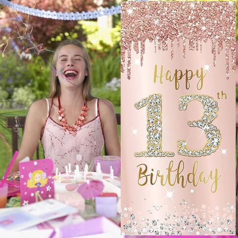 سعيد 13th عيد ميلاد الباب راية خلفية الزينة للفتيات، الوردي ارتفع الذهب 13 عيد ميلاد حزب غطاء الباب علامة الإمدادات، السنة الثالثة عشرة عيد ميلاد ملصق خلفية الصورة كشك الدعائم ديكور in Kuwait