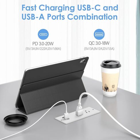 Jgstkcity 20 واط USB C قطاع الطاقة راحة، حامي الطفرة مقاوم للماء، منفذ طاقة مكتب الأثاث، 2 منافذ وشحن USB C، مناسب للطاولة الجانبية، قابس مسطح، كابل 6 أقدام in Kuwait