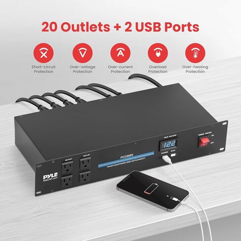 PylePro PDU Power Strip Surge Protector - 3600 Watt 15 Amp 20 Outlet Heavy Duty Electric Extension Cord - 2U Rack Mount Power Conditioner w/ AC Filter - PCO885 in Kuwait