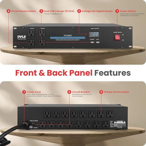 PylePro PDU Power Strip Surge Protector - 3600 Watt 15 Amp 20 Outlet Heavy Duty Electric Extension Cord - 2U Rack Mount Power Conditioner w/ AC Filter - PCO885 in Kuwait