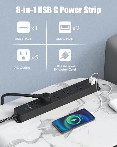 Surge Protector Power Strip with USB C Ports, 5FT Braided Extension Cord, 5 Outlets and 3 USB Ports(1 USB C), AUOPLUS Mountable Power Strips Flat Plug with Overload Protection in Kuwait