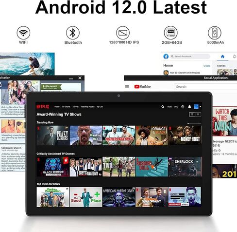 تابلت اندرويد 12 مقاس 10 انش، ذاكرة روم 64GB قابلة للتوسيع 512GB، تابلت اندرويد مع كاميرا مزدوجة، واي فاي، بلوتوث، شاشة HD، معتمد من جوجل جي ام اس، فضي in Kuwait