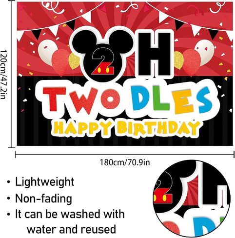 Oh Twodles Backdrop Banner Red and Black Cartoon Happy 2nd Birthday Theme Party Decorations Cheer to Two Years Old Photography Background Supplies for Boys Girls in Saudi Arabia