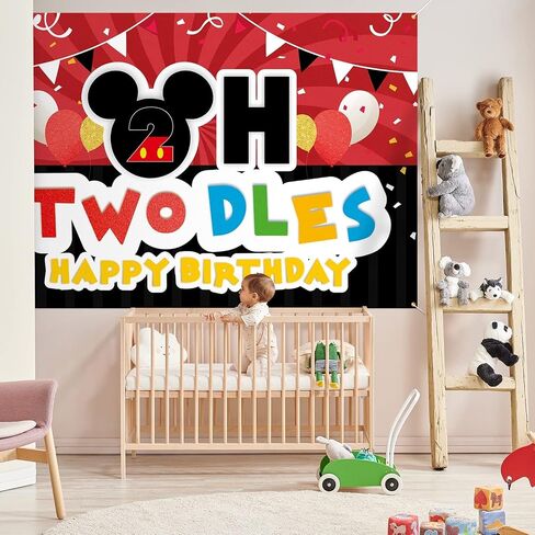 Oh Twodles Backdrop Banner Red and Black Cartoon Happy 2nd Birthday Theme Party Decorations Cheer to Two Years Old Photography Background Supplies for Boys Girls in Saudi Arabia