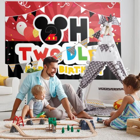 Oh Twodles Backdrop Banner Red and Black Cartoon Happy 2nd Birthday Theme Party Decorations Cheer to Two Years Old Photography Background Supplies for Boys Girls in Saudi Arabia