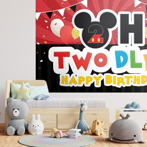 Oh Twodles Backdrop Banner Red and Black Cartoon Happy 2nd Birthday Theme Party Decorations Cheer to Two Years Old Photography Background Supplies for Boys Girls in Saudi Arabia