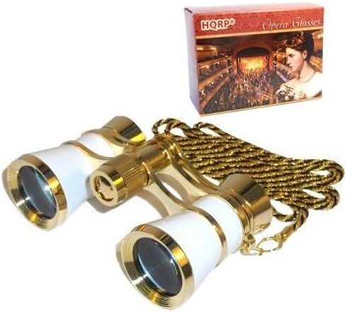 HQRP 3x25 Opera Glasses Theater Binoculars, White Pearl Color with Golden Necklace Chain, Crystal Clear Optic (CCO), or Adults Kids Women in Musical Concert Sport Events, Gift Box in Saudi Arabia