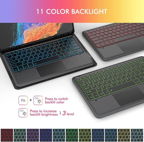 MicroPack Galaxy Tab S8 Plus/ S7 FE/ S7 Plus Case with Keyboard, 11 Color Backlit, Smart Trackpad, Type-C Rechargeable, Detachable Keyboard for Samsung Tab S8+ 2022/S7 FE 2021/S7+ 2020 12.4 Inch in Kuwait