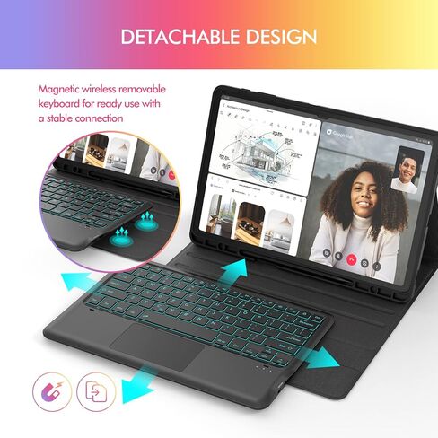 MicroPack Galaxy Tab S8 Plus/ S7 FE/ S7 Plus Case with Keyboard, 11 Color Backlit, Smart Trackpad, Type-C Rechargeable, Detachable Keyboard for Samsung Tab S8+ 2022/S7 FE 2021/S7+ 2020 12.4 Inch in Kuwait