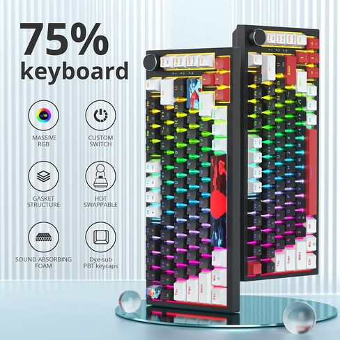 لوحة مفاتيح ألعاب مثبتة على حشية بنسبة 75% من Guffercty kred، قابلة للتبديل السريع، 82 مفتاحًا بإضاءة خلفية RGB ولوحة مفاتيح ميكانيكية TKL سلكية مع مقبض مخصص ومفتاح خطي صامت للفوز (82 Samurai) in Kuwait