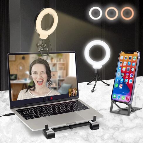 مجموعة إضاءة مؤتمرات الفيديو للكمبيوتر المحمول، ضوء حلقة Lusweimi مع مشبك وحامل كمبيوتر محمول، إضاءة فيديو للكمبيوتر/العمل عن بعد/اجتماع التكبير، ضوء حلقة سيلفي مع حامل ثلاثي القوائم صغير وحامل هاتف in Kuwait