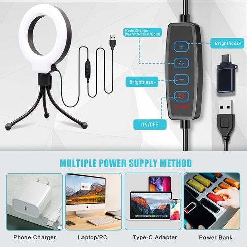 مجموعة إضاءة مؤتمرات الفيديو للكمبيوتر المحمول، ضوء حلقة Lusweimi مع مشبك وحامل كمبيوتر محمول، إضاءة فيديو للكمبيوتر/العمل عن بعد/اجتماع التكبير، ضوء حلقة سيلفي مع حامل ثلاثي القوائم صغير وحامل هاتف in Kuwait