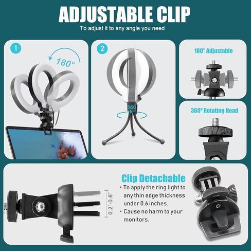 مجموعة إضاءة مؤتمرات الفيديو للكمبيوتر المحمول، ضوء حلقة Lusweimi مع مشبك وحامل كمبيوتر محمول، إضاءة فيديو للكمبيوتر/العمل عن بعد/اجتماع التكبير، ضوء حلقة سيلفي مع حامل ثلاثي القوائم صغير وحامل هاتف in Kuwait
