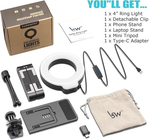 مجموعة إضاءة مؤتمرات الفيديو للكمبيوتر المحمول، ضوء حلقة Lusweimi مع مشبك وحامل كمبيوتر محمول، إضاءة فيديو للكمبيوتر/العمل عن بعد/اجتماع التكبير، ضوء حلقة سيلفي مع حامل ثلاثي القوائم صغير وحامل هاتف in Kuwait