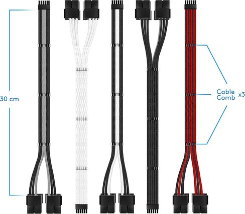 EZDIY-FAB RTX 3000 12 Pin to Dual 8 Pin PCIe Sleeved Extension Cable, Black | 30cm Extension Cable, 18AWG Wire, Cable Combs Included, Flexible PET Sleeve, Clean Cable Routing, Custom PC Builds in Kuwait
