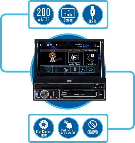 JENSEN CDR171 7 inch AM/FM Motorized Flip Out LED Media Touch Screen Single Din Car Stereo Radio | CD & DVD Player | Push to Talk Assistant | Bluetooth | Backup Camera Input | USB and 3.5mm AUX Inputs in Saudi Arabia