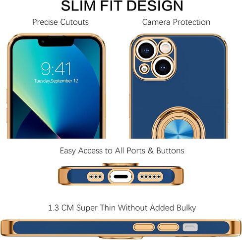 حافظة BENTOBEN iPhone 13، حافظة هاتف iPhone 13 6.1 بوصة، مقاس نحيف 360 درجة حامل حلقي مقاوم للصدمات ومسند مغناطيسي للسيارة يدعم عدم الانزلاق وغطاء حماية للنساء والفتيات والرجال والأولاد، أسود in Kuwait