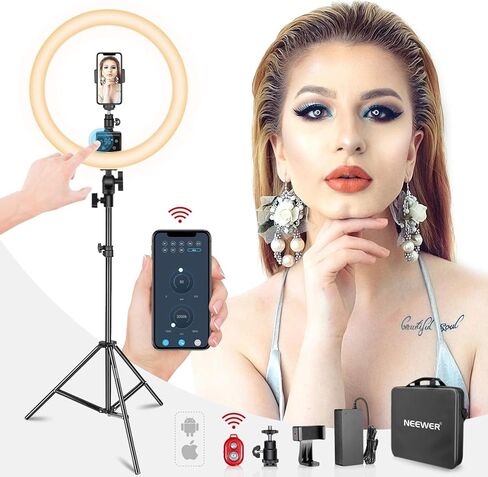 Neewer APP التحكم في ضوء حلقة LED مقاس 16 بوصة، يدعم التحكم اليدوي باللمس مع شاشة LCD، التحكم في الأضواء المتعددة، 3200-5600K، حامل إضاءة متضمن لصالون مدون فيديو يوتيوب للمكياج (أبيض) in Kuwait