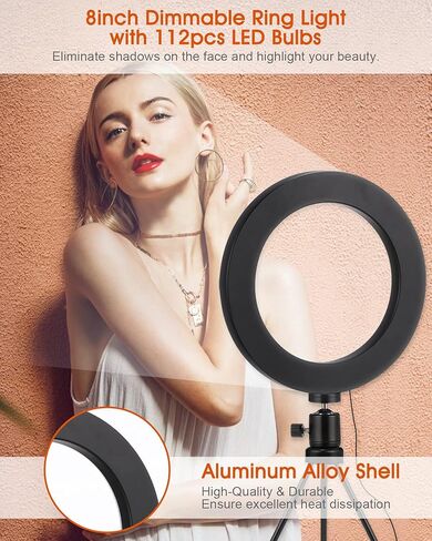 8" Selfie Ring Light, Video Conference Lighting with Tripod Stand, 3 Dimmable Color & 10 Levels of Brightness, Zoom Lighting for YouTube/TIK Tok/Live Streaming/Remote Working/Online Meeting in Kuwait