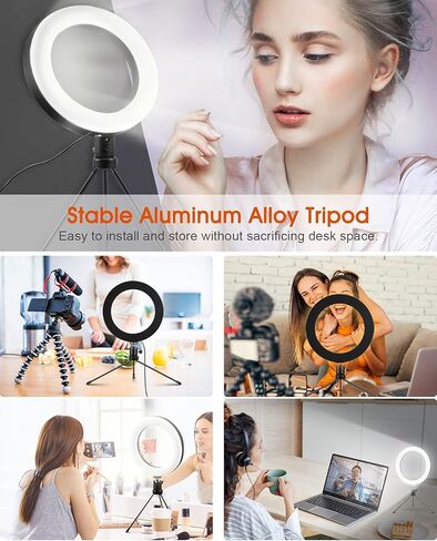 8" Selfie Ring Light, Video Conference Lighting with Tripod Stand, 3 Dimmable Color & 10 Levels of Brightness, Zoom Lighting for YouTube/TIK Tok/Live Streaming/Remote Working/Online Meeting in Kuwait