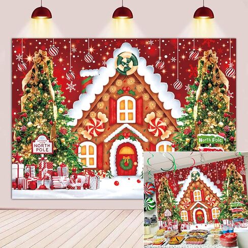 BINQOO 10x8ft عيد الميلاد الزنجبيل منزل الحلوى خلفية هدية مكدسة شجرة عيد الميلاد الثلج خلفية حمراء شتاء دافئ للأطفال حفلة صور استوديو كشك in Saudi Arabia