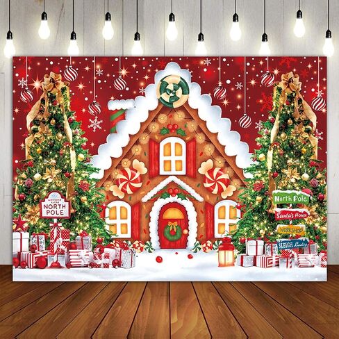 BINQOO 10x8ft عيد الميلاد الزنجبيل منزل الحلوى خلفية هدية مكدسة شجرة عيد الميلاد الثلج خلفية حمراء شتاء دافئ للأطفال حفلة صور استوديو كشك in Saudi Arabia