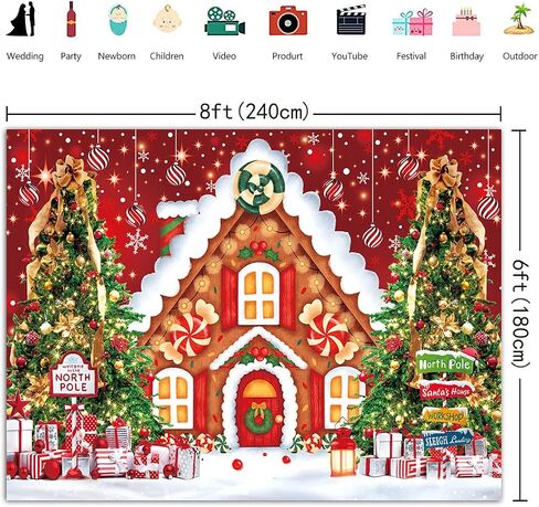 BINQOO 10x8ft عيد الميلاد الزنجبيل منزل الحلوى خلفية هدية مكدسة شجرة عيد الميلاد الثلج خلفية حمراء شتاء دافئ للأطفال حفلة صور استوديو كشك in Saudi Arabia
