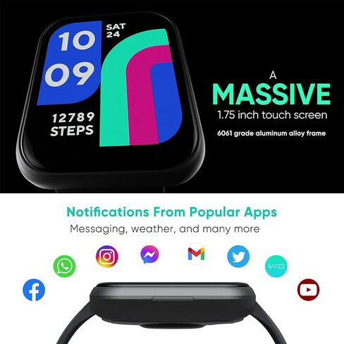 WYZE Smart Watch 47mm, 1.75" Touch Screen Aluminum Smartwatch for Android and iOS Phones Fitness Tracker with Heart Rate, Blood Oxygen/Sleep Monitor, IP68 Waterproof Watch, Black (Renewed) in Saudi Arabia