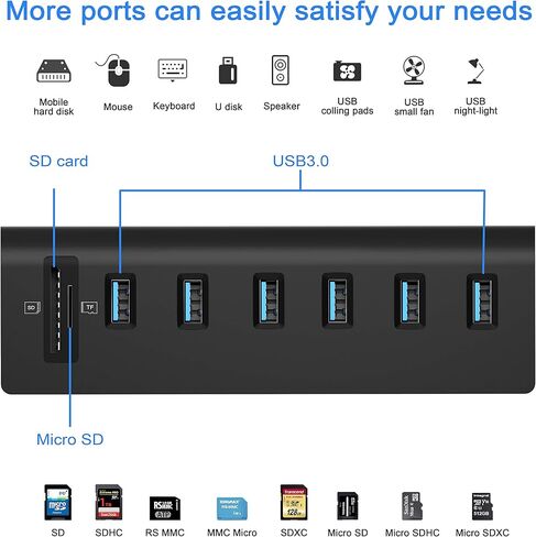 CATECK USB 3.0 Hub, Aluminum Hub with 6 USB 3.0 Ports+SD/TF Card Solts+5V/4A High Capacity Power Supply for Mac, Mac Book Air, Mac Pro,Mac Book Pro, Mac Book, Mac Mini, PCs and Laptops (Black) in Kuwait