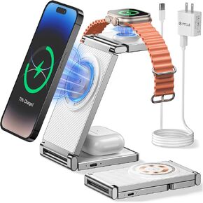 REOKILY Mag-Safe Charger Stand iPhone and Watch Charging Station for Apple Devices, Magnetic 3 in 1 Foldable Travel Charging Dock for Airpods and iPhone 15/14/13/12 Max/Pro/Mini
