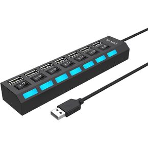 Multi Port Splitter, 7 Port USB 2.0 Hub, USB A Port Data Hub with Independent On/Off Switch and LED Indicators, Lights for Laptop, PC, Computer, Mobile HDD, Flash Drive and More (Black 2.0)