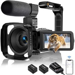 Aasonida 4K Video Camera, 48MP WiFi Digital Camera Camcorder 16X Zoom Video Recorder IR Night Vision Vlogging Camera with Microphone Stabilizer, Lens Hood, Battery Charger, 2 Batteries in Kuwait