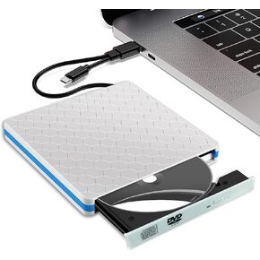 محرك أقراص DVD خارجي من Intvision، ناسخ USB C نحيف، محمول من النوع C وUSB 3.0 CD-RW DVD-R، مشغل ناسخ كومبو لنظام التشغيل Windows 11/10/8/7 PC كمبيوتر سطح المكتب (أبيض)