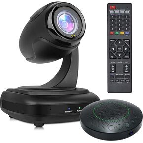 Conference Room Camera System, Wide-Angle 1080P PTZ Webcam with Wireless Bluetooth Speakerphone, 3X Optical Zoom, AI Tracking, Remote Control, for Conferencing Worship Church Education Medical