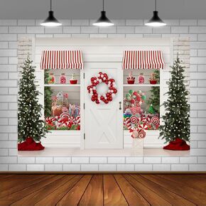Lofaris Winter Christmas Backdrop Merry Xmas Sweet Candy Storefront Cottage Santa's Wreath Shiny Lights Trees Background Gifts Shop Kids Birthday Baby Shower Party Portrait Photo Studio Props 5x3ft