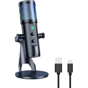 ميكروفون العاب USB مكثف RGB للكمبيوتر وبلاي ستيشن 4 وبلاي ستيشن 5 وماك بخاصية الغاء الضوضاء مع حامل مضاد للاهتزاز وزر كتم الصوت ومقبس سماعة راس للبث المباشر وتويتش ويوتيوب وديسكورد in Kuwait